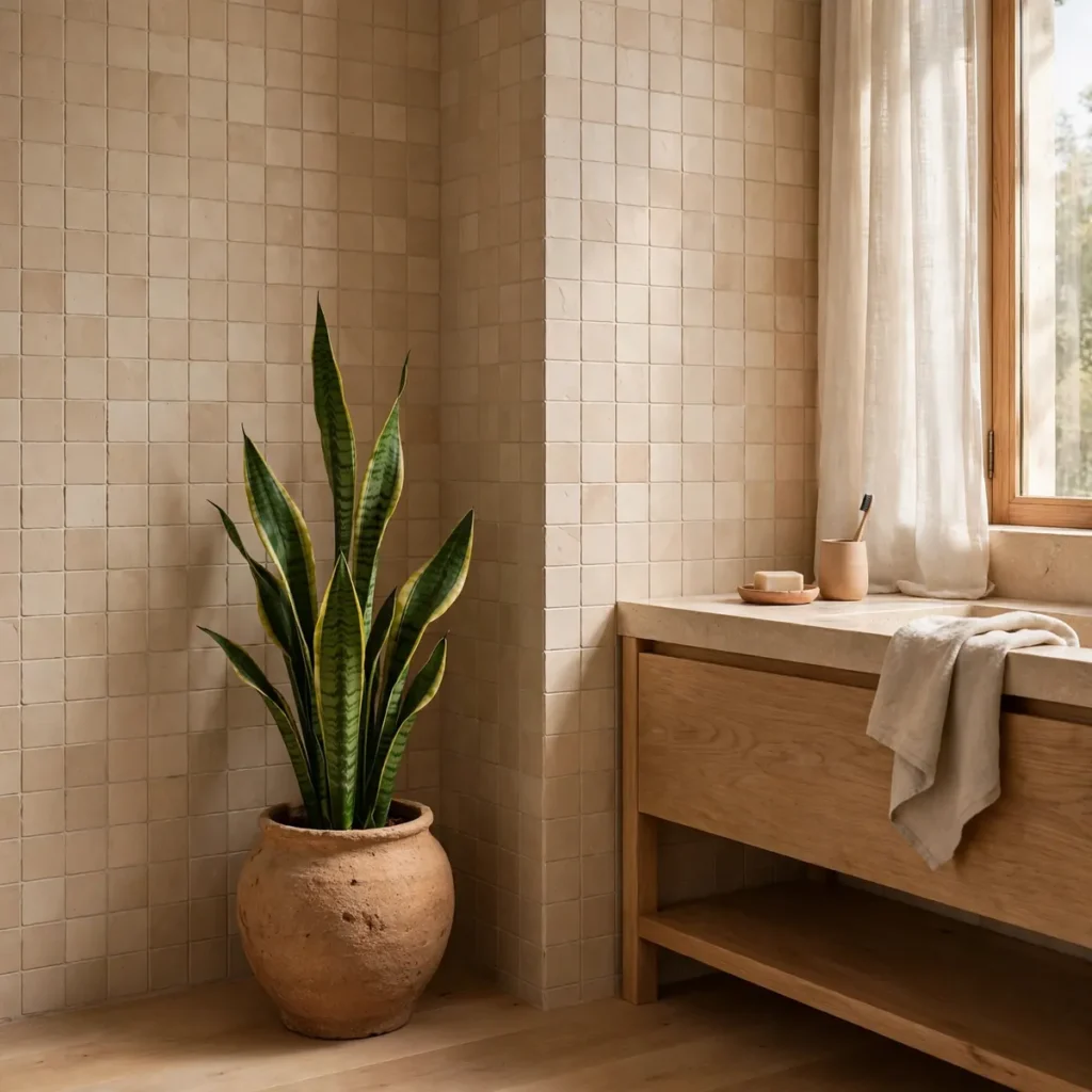 15 Beautiful Japandi Bathroom Ideas That Blend Japanese Calm With Scandinavian Warmth japandi bathroom: Add One Statement Plant, Not a Jungle