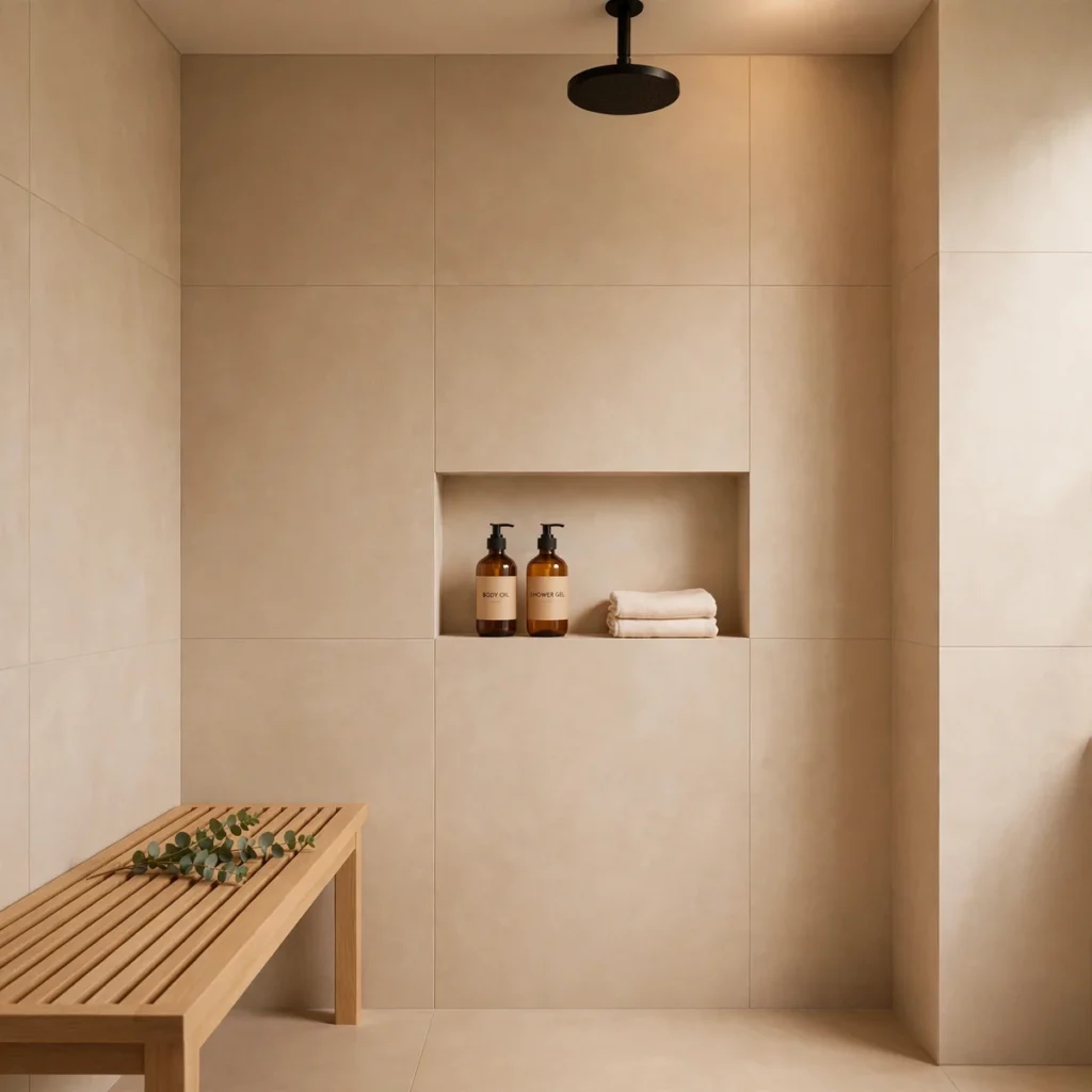 15 Beautiful Japandi Bathroom Ideas That Blend Japanese Calm With Scandinavian Warmth japandi bathroom: Carve Out a Recessed Niche for Bathing Rituals