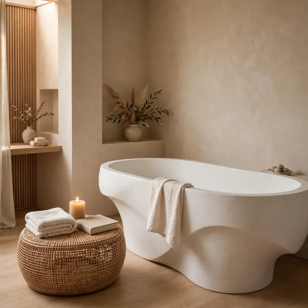 15 Beautiful Japandi Bathroom Ideas That Blend Japanese Calm With Scandinavian Warmth japandi bathroom: Set a Woven Stool Beside the Tub