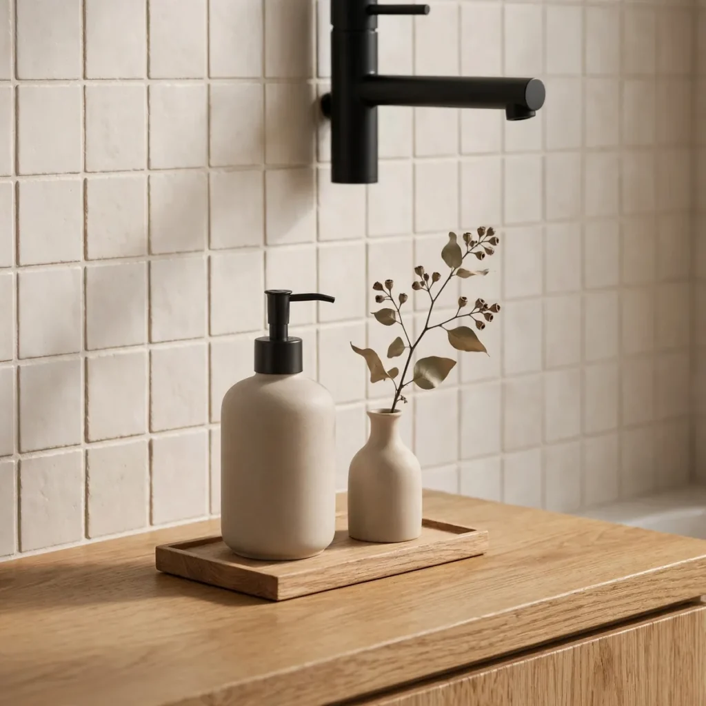 15 Beautiful Japandi Bathroom Ideas That Blend Japanese Calm With Scandinavian Warmth japandi bathroom: Edit the Countertop to Three Objects