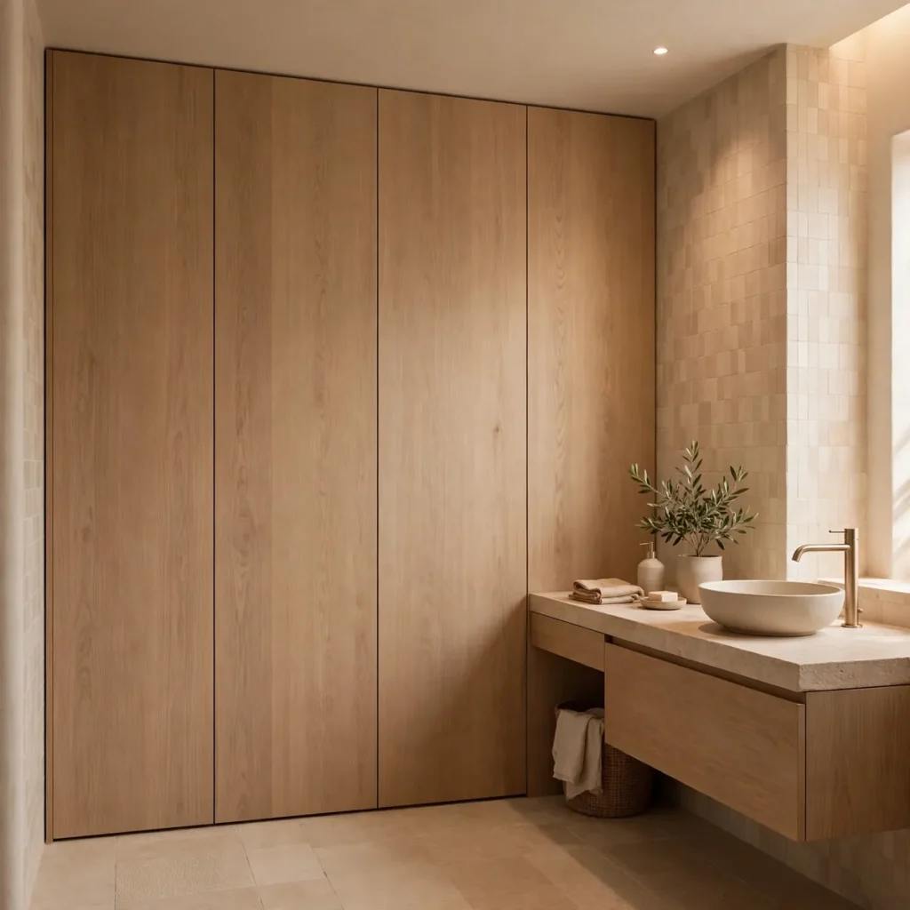 15 Beautiful Japandi Bathroom Ideas That Blend Japanese Calm With Scandinavian Warmth japandi bathroom: Hide Storage Behind Seamless Flat-Panel Doors