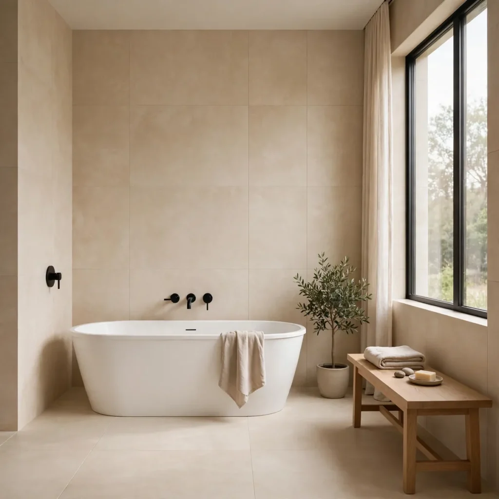 15 Beautiful Japandi Bathroom Ideas That Blend Japanese Calm With Scandinavian Warmth japandi bathroom: Wrap Walls in Stone-Look Large-Format Tile