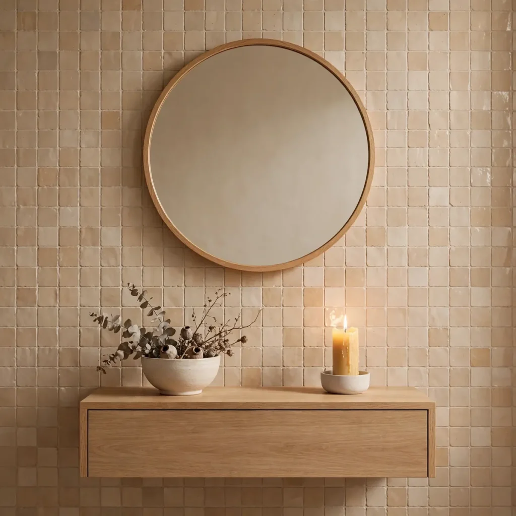 15 Beautiful Japandi Bathroom Ideas That Blend Japanese Calm With Scandinavian Warmth japandi bathroom: Finish With a Round Mirror and a Scent Layer