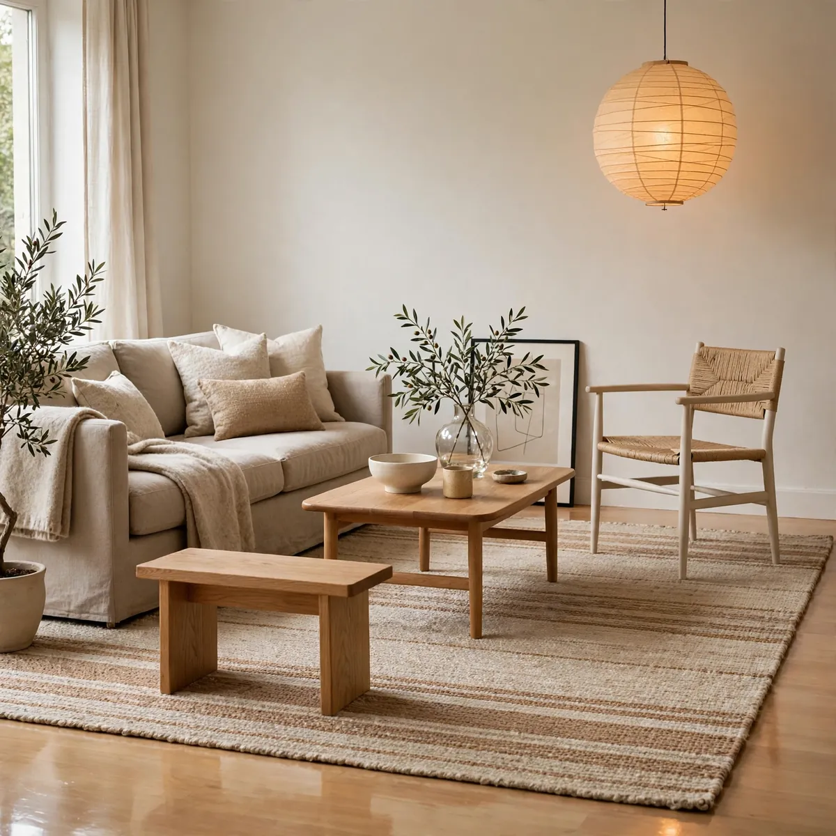 25 Japandi Living Room Ideas for a Calm, Warm, Minimal Home japandi living room ideas: Ground the Room with a Flatweave Wool Rug