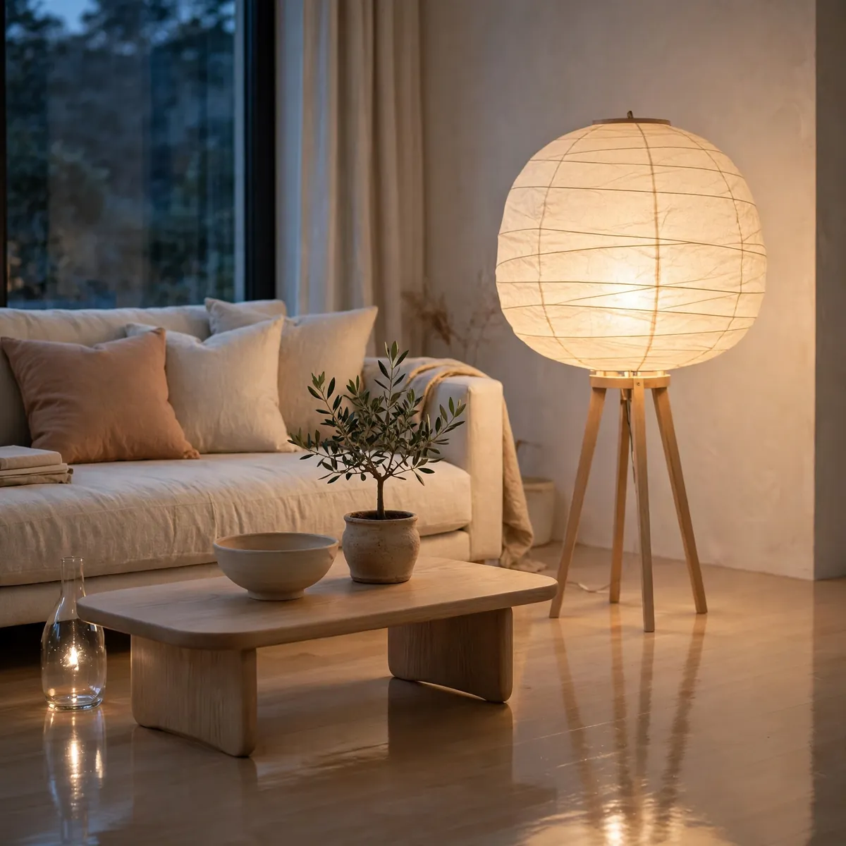 25 Japandi Living Room Ideas for a Calm, Warm, Minimal Home japandi living room ideas: Light the Room with a Paper Lantern Floor Lamp