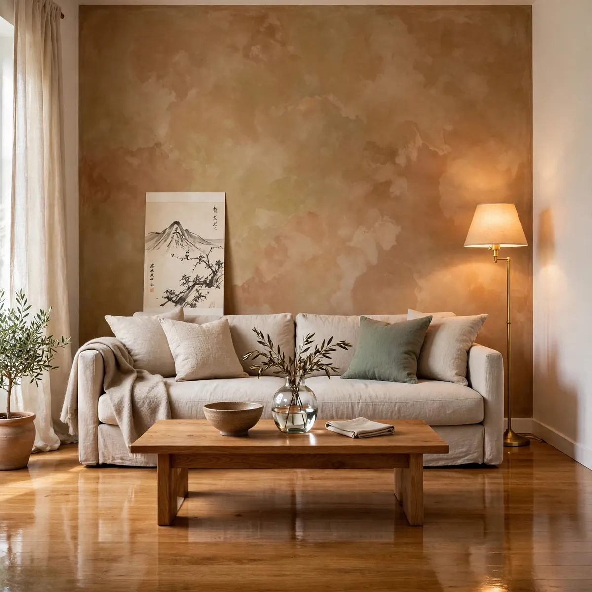 25 Japandi Living Room Ideas for a Calm, Warm, Minimal Home japandi living room ideas: Wash One Wall in Muted Clay Limewash
