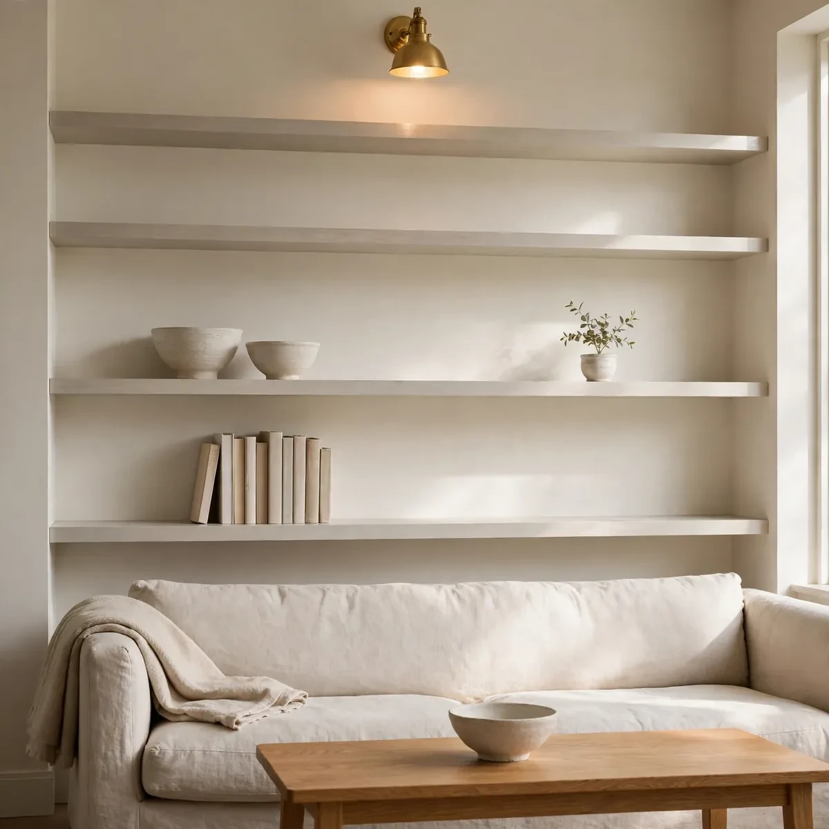 25 Japandi Living Room Ideas for a Calm, Warm, Minimal Home japandi living room ideas: Keep Open Shelves 60 Percent Empty