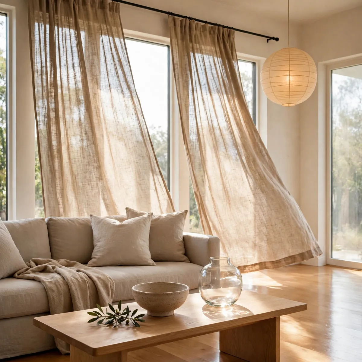 25 Japandi Living Room Ideas for a Calm, Warm, Minimal Home japandi living room ideas: Hang Unlined Linen Curtains