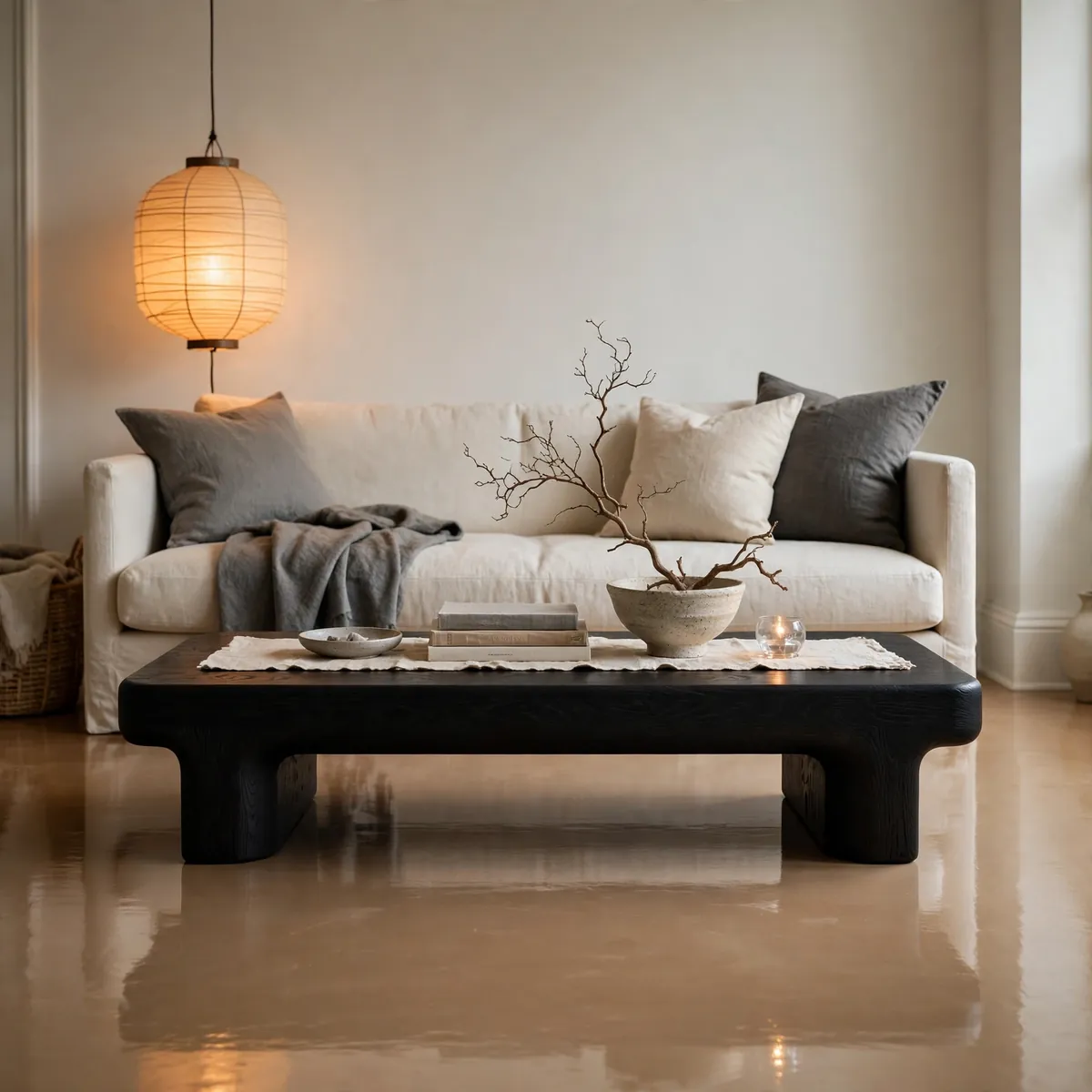 25 Japandi Living Room Ideas for a Calm, Warm, Minimal Home japandi living room ideas: Swap the Coffee Table for a Black-Stained Bench
