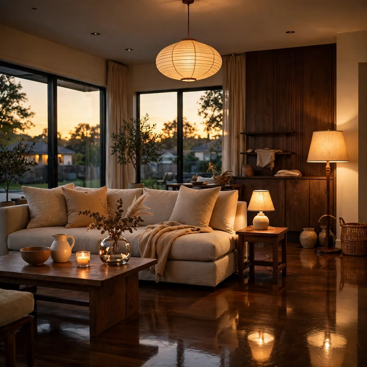 25 Japandi Living Room Ideas for a Calm, Warm, Minimal Home japandi living room ideas: Banish Overhead Glare with Layered Warm Light