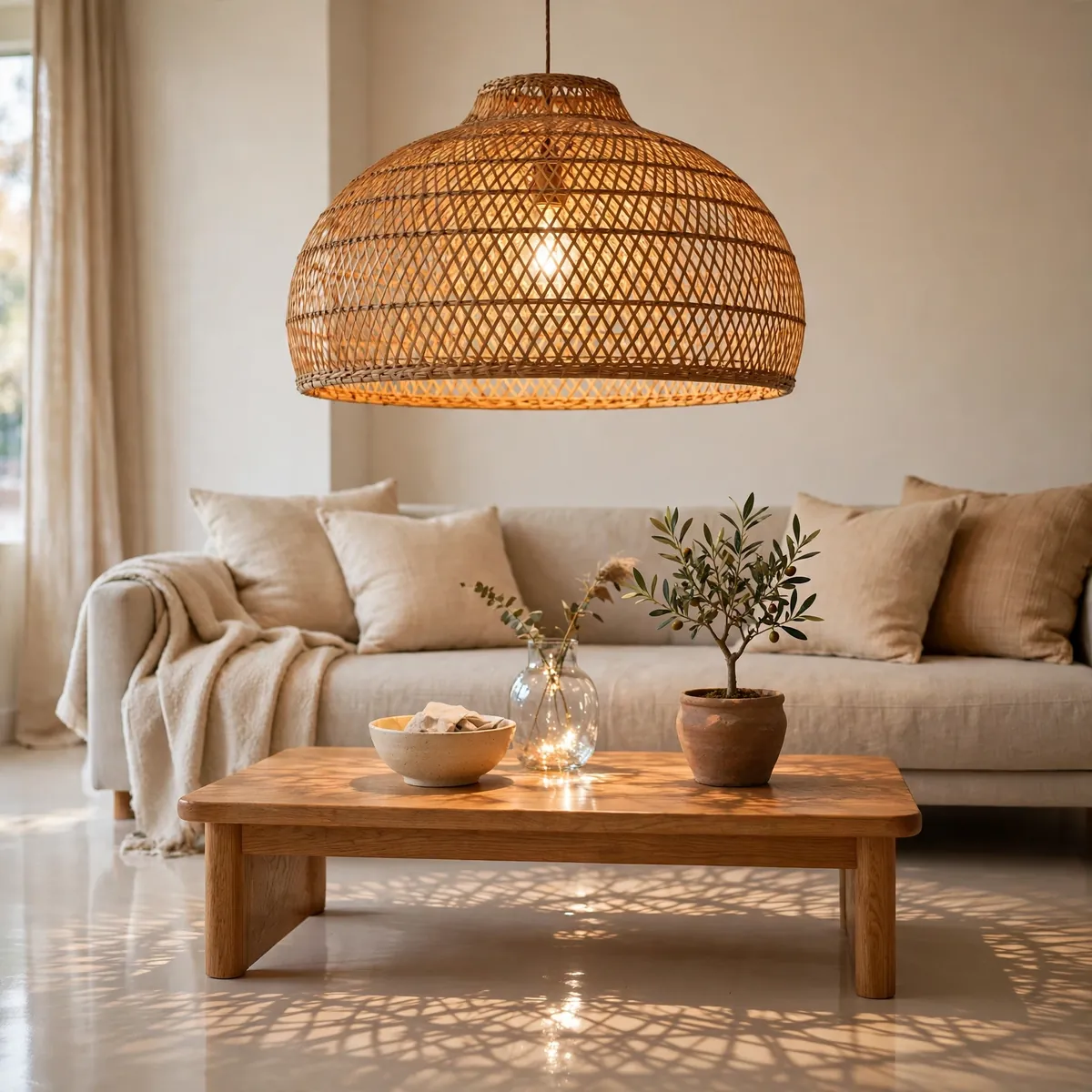 25 Japandi Living Room Ideas for a Calm, Warm, Minimal Home japandi living room ideas: Hang a Rattan Pendant Over the Seating Zone