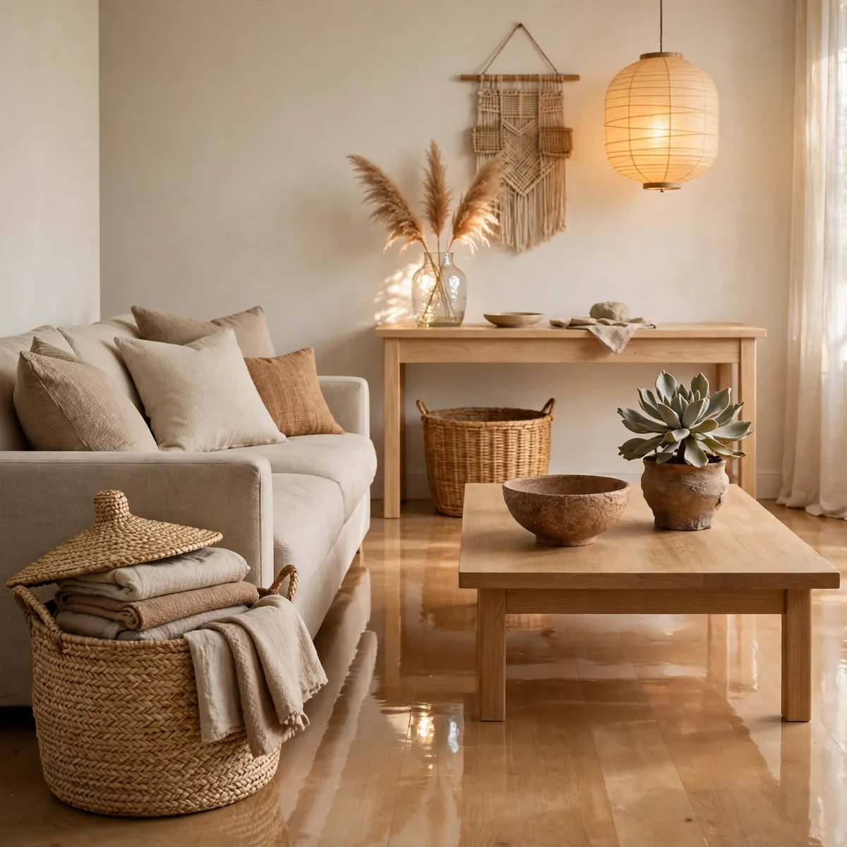 25 Japandi Living Room Ideas for a Calm, Warm, Minimal Home japandi living room ideas: Hide Clutter in Woven Seagrass Baskets