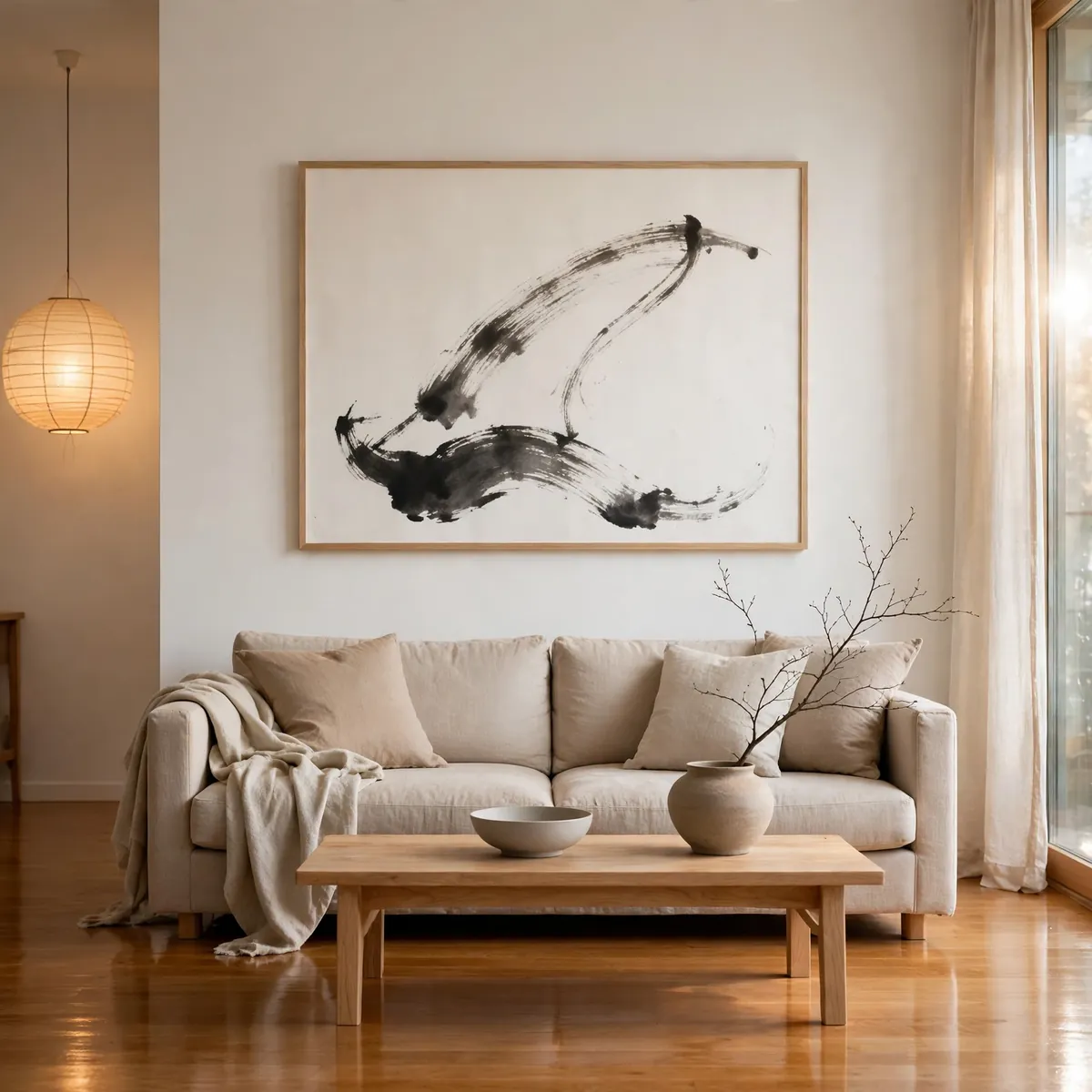 25 Japandi Living Room Ideas for a Calm, Warm, Minimal Home japandi living room ideas: Hang One Large Artwork with Breathing Room