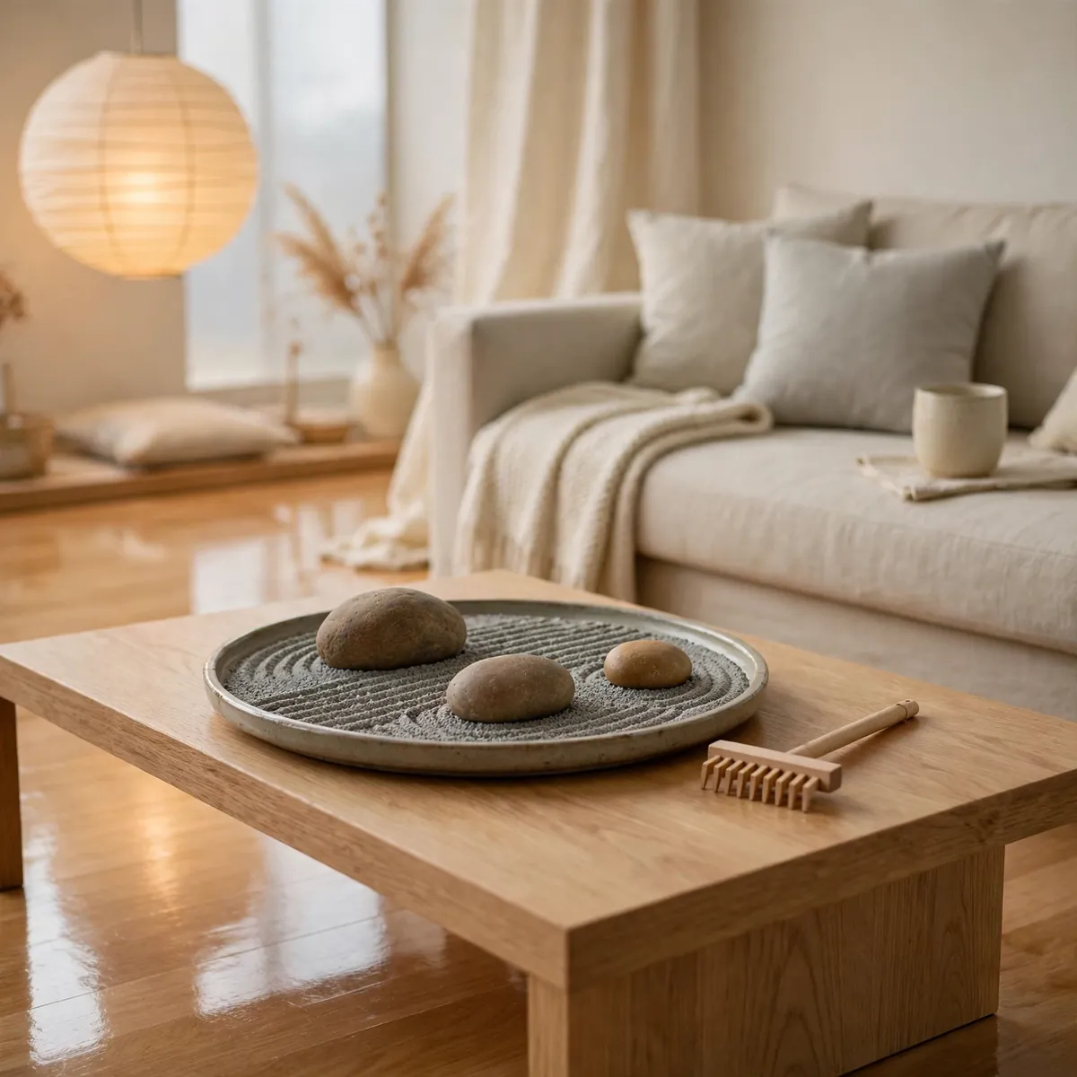 25 Japandi Living Room Ideas for a Calm, Warm, Minimal Home japandi living room ideas: Add a Stone or Gravel Tray Moment
