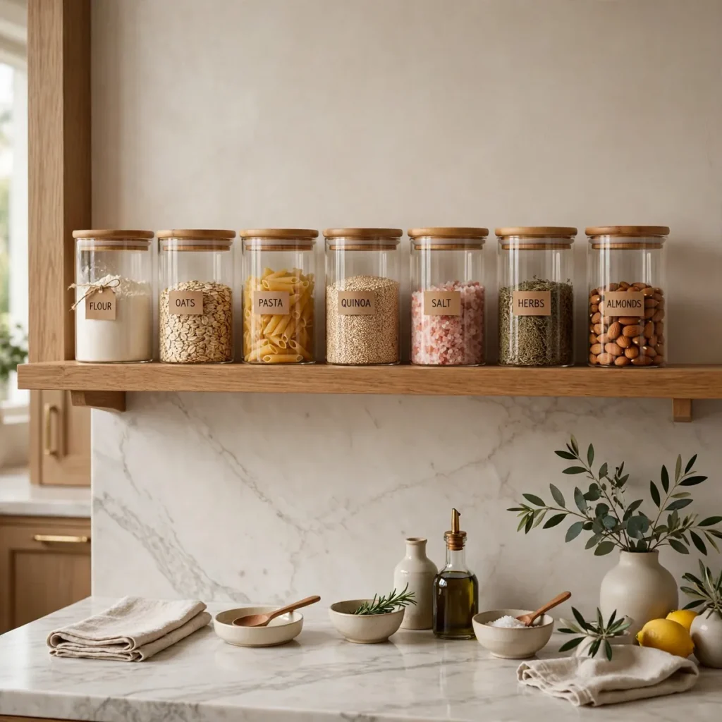 kitchen decor ideas: Clear Glass Canisters and Uniform Jars