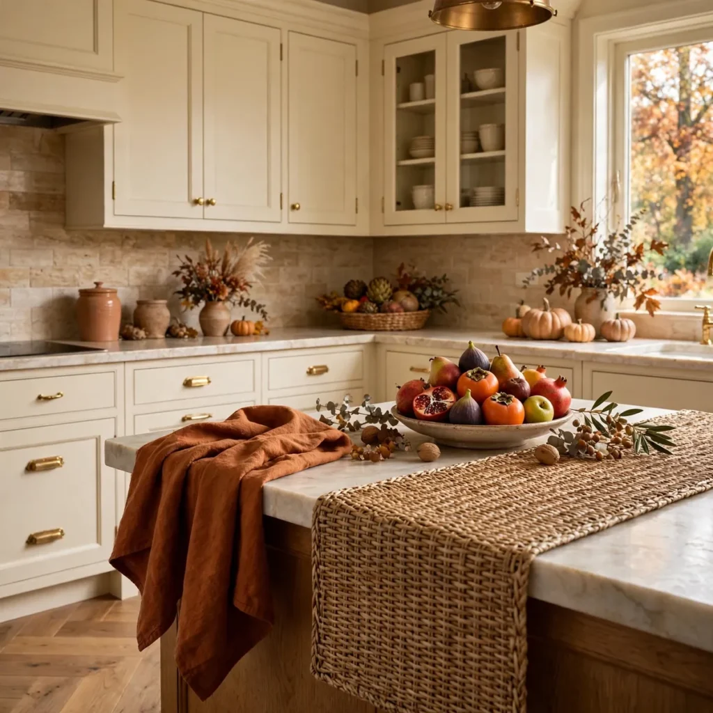 kitchen decor ideas: A Seasonal Swap: Linens, Fruit, and One Rug