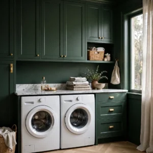 laundry room decor ideas: Paint the Cabinetry a Moody Green