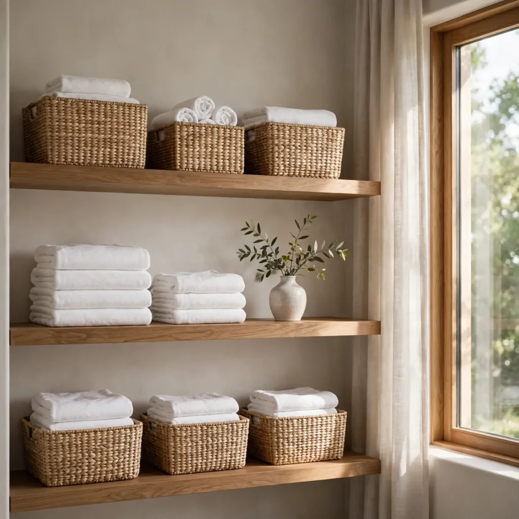 laundry room decor ideas: Style Open Shelves With Woven Baskets