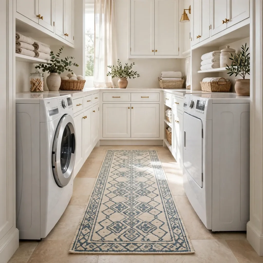 laundry room decor ideas: Lay a Washable Runner Rug