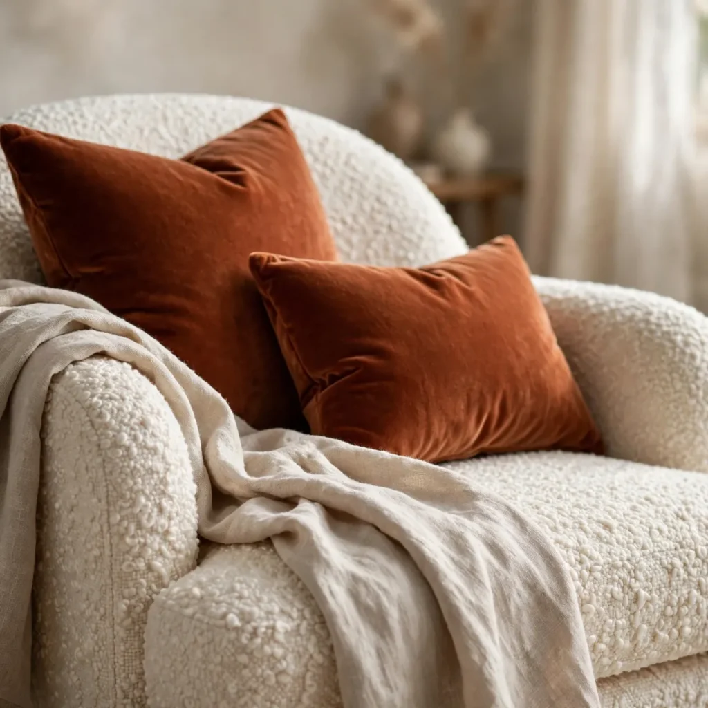 cozy living room ideas: Mix Bouclé, Velvet, and Linen Textures
