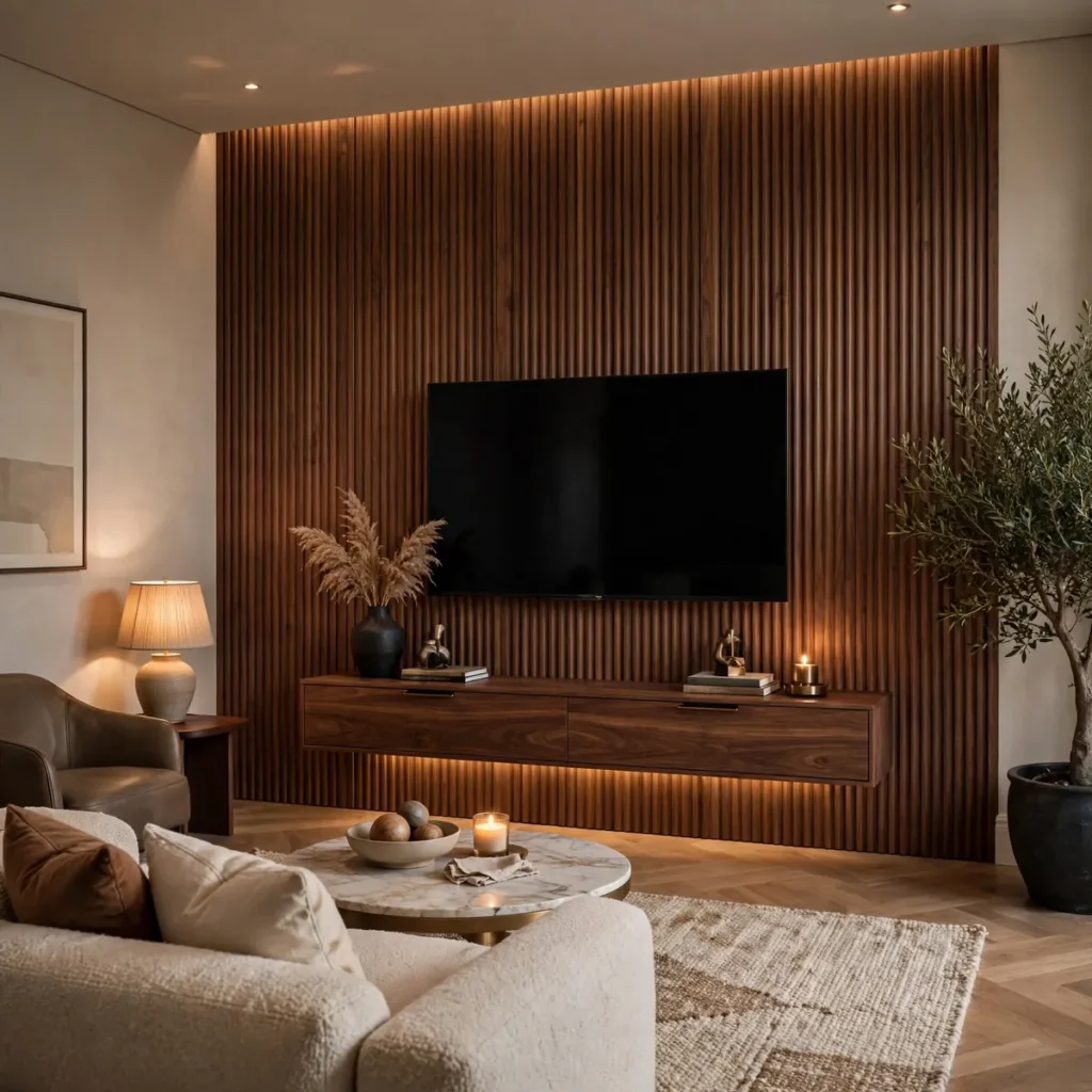 cozy living room ideas: Style a Fluted Wood TV Wall