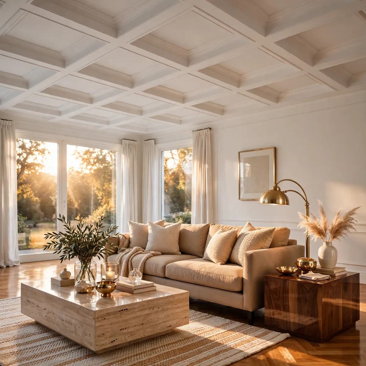 25 Living Room Ceiling Ideas That Turn the Fifth Wall Into the Star living room ceiling ideas: Coffered Ceiling in a Single Color