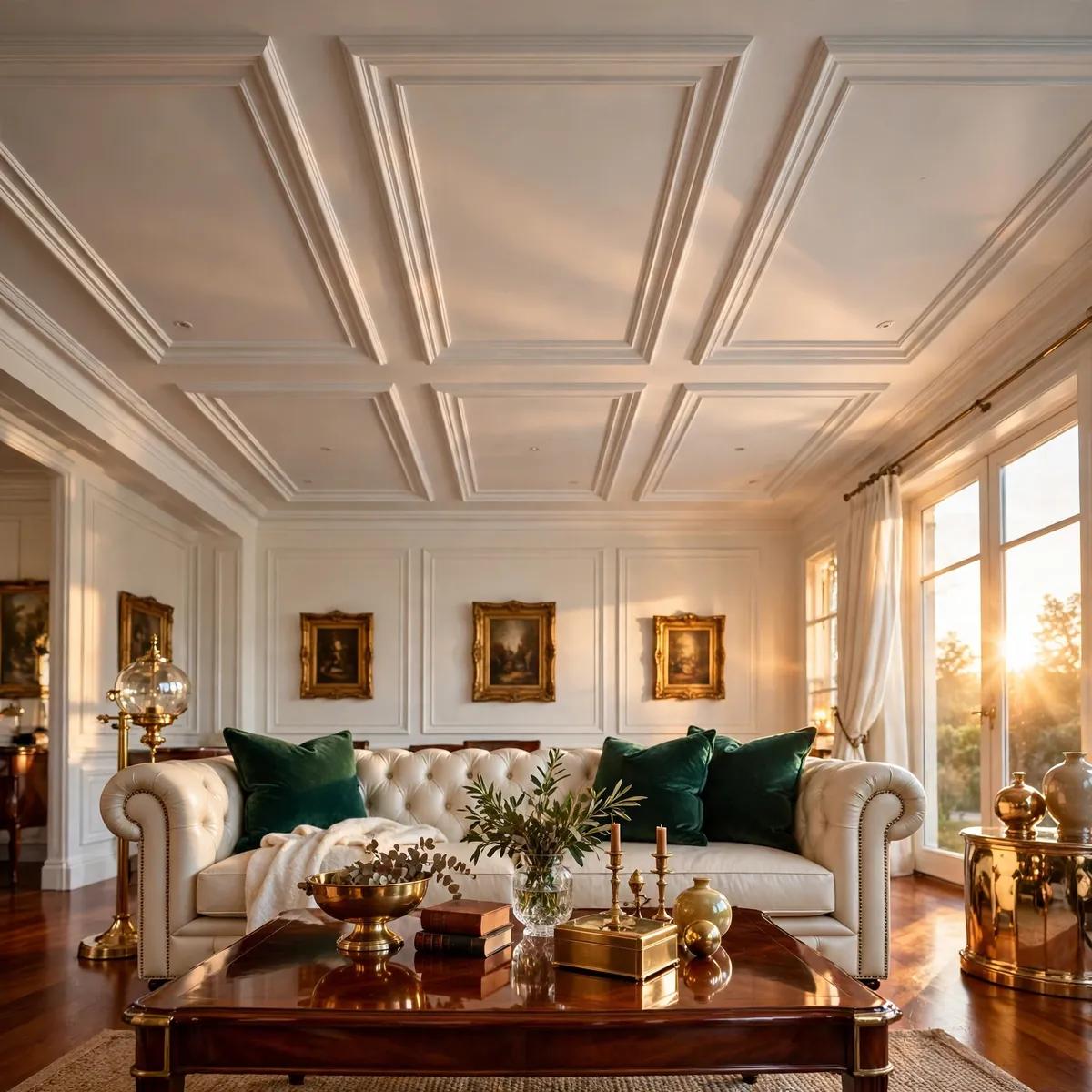 25 Living Room Ceiling Ideas That Turn the Fifth Wall Into the Star living room ceiling ideas: Picture-Frame Molding Panels on the Ceiling