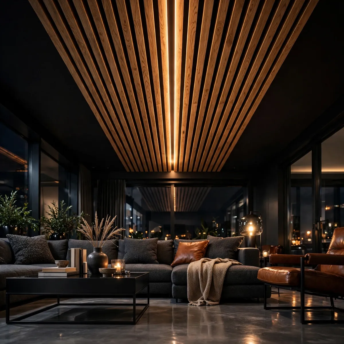 25 Living Room Ceiling Ideas That Turn the Fifth Wall Into the Star living room ceiling ideas: Wooden Slat Sections for Rhythm and Texture