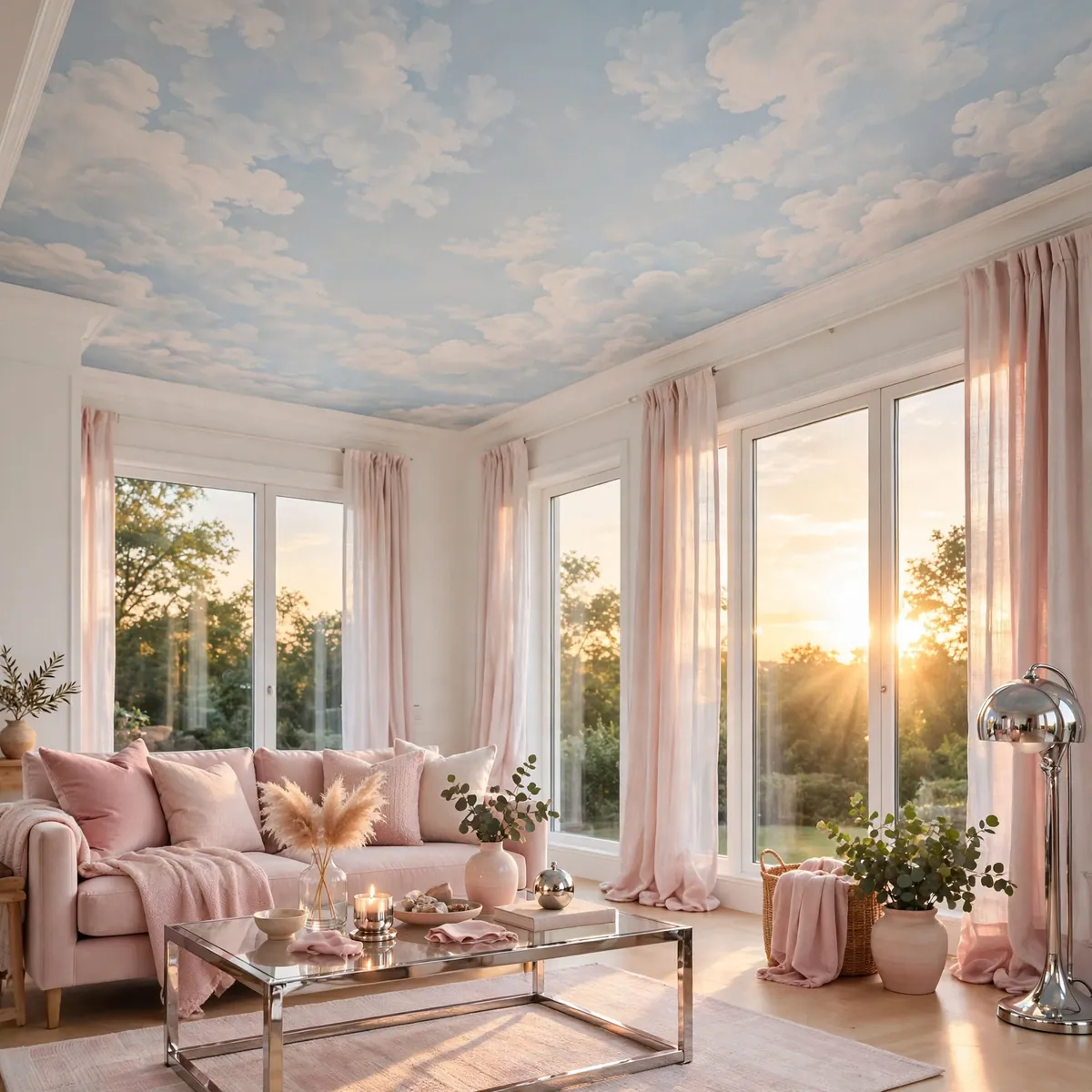 25 Living Room Ceiling Ideas That Turn the Fifth Wall Into the Star living room ceiling ideas: A Painted Mural or Cloud Scene