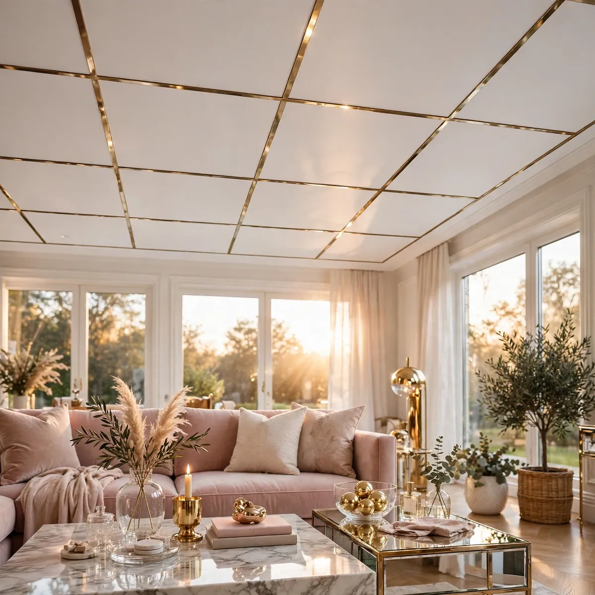 25 Living Room Ceiling Ideas That Turn the Fifth Wall Into the Star living room ceiling ideas: Metallic Inlay Strips for a Glam Line