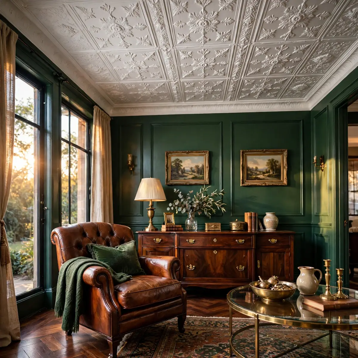 25 Living Room Ceiling Ideas That Turn the Fifth Wall Into the Star living room ceiling ideas: Pressed Tin Tiles for Vintage Character