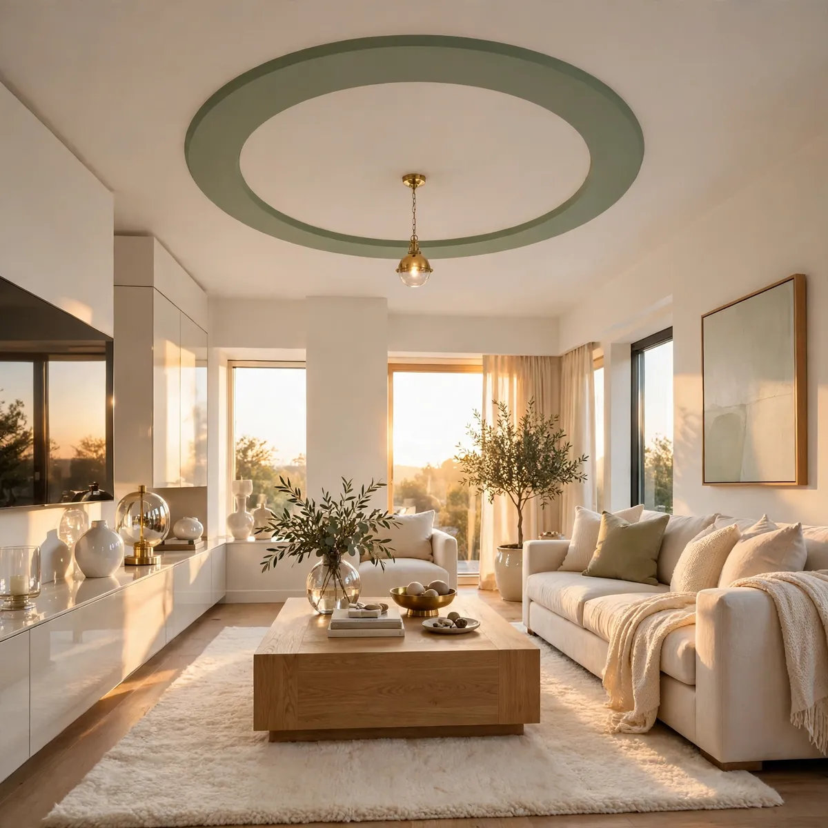 25 Living Room Ceiling Ideas That Turn the Fifth Wall Into the Star living room ceiling ideas: A Circular Halo to Soften the Room