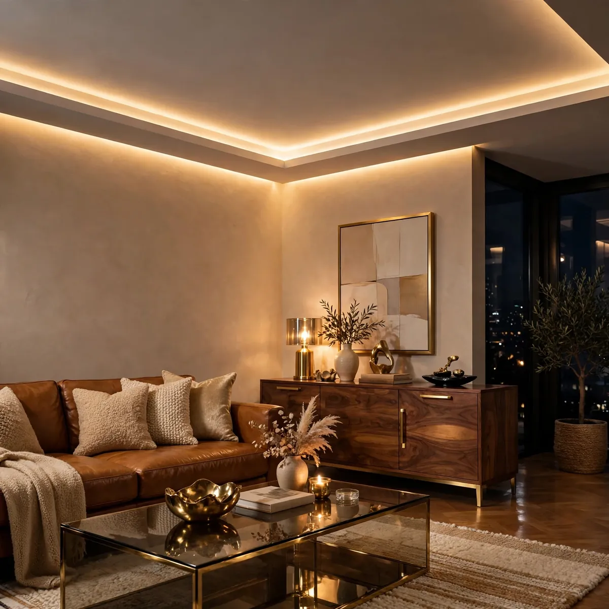 25 Living Room Ceiling Ideas That Turn the Fifth Wall Into the Star living room ceiling ideas: Perimeter Cove Glow Around the Edges