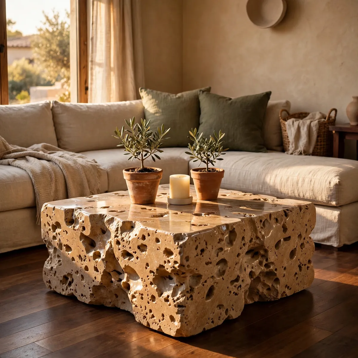 25 Living Room Center Table Ideas to Anchor Your Space Beautifully living room center table ideas: A Travertine Stone Table With Warmth