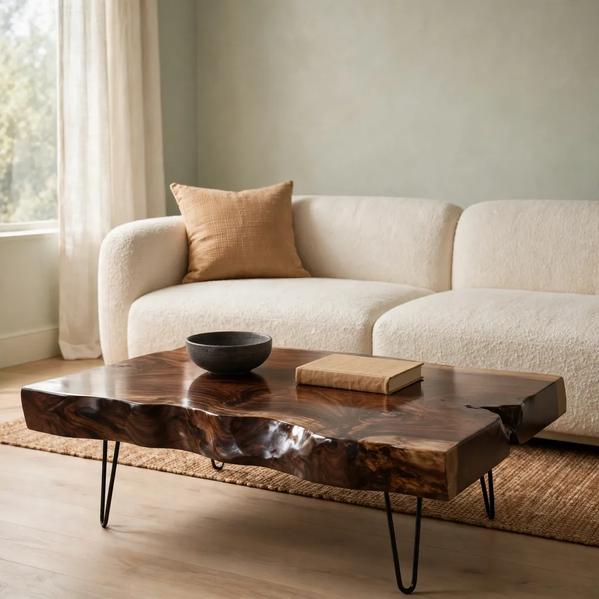 25 Living Room Center Table Ideas to Anchor Your Space Beautifully living room center table ideas: A Live-Edge Wood Slab Table