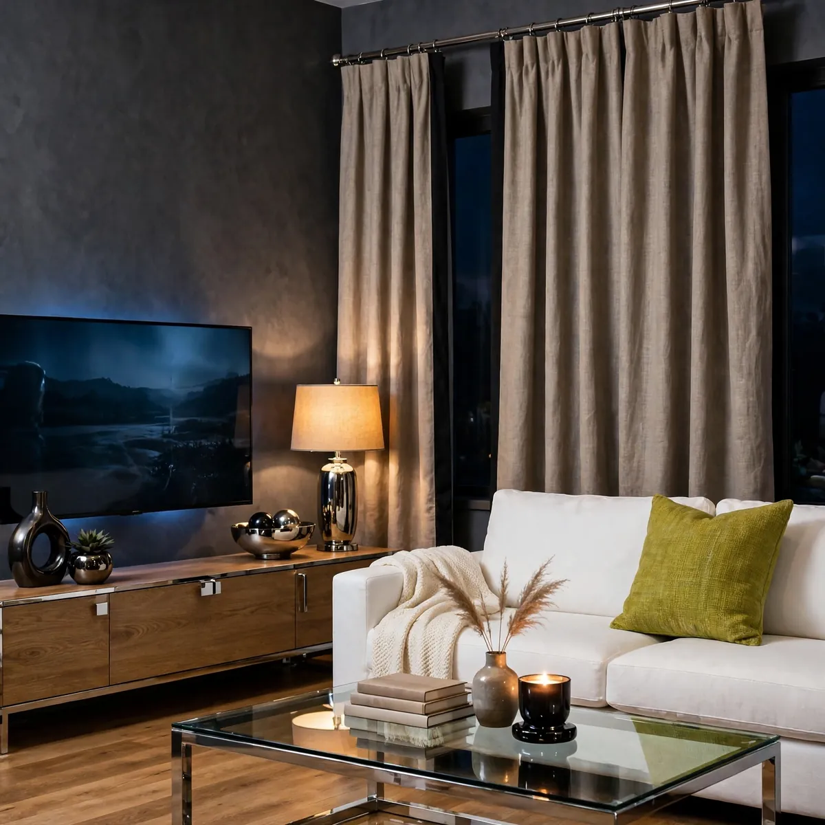 25 Living Room Curtains Ideas That Dress Your Windows Like a Designer living room curtains ideas: Blackout-Lined Linen for TV Rooms