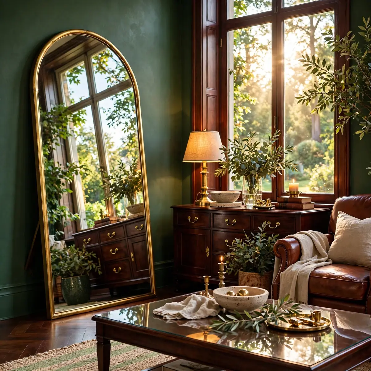 25 Living Room Decor Ideas for a Stylish, Cozy Refresh living room decor ideas: Arched Mirror Leaning by Window