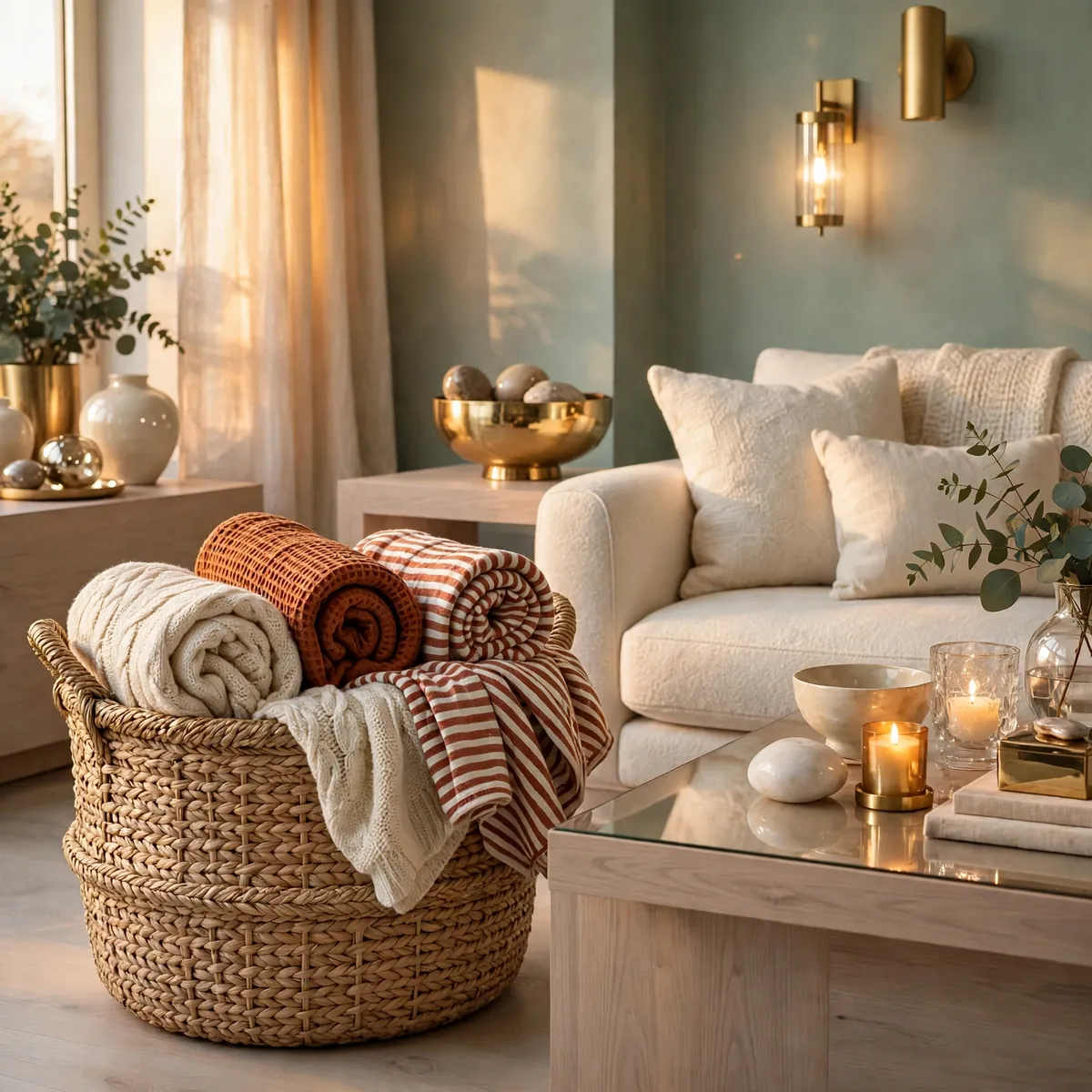 25 Living Room Decor Ideas for a Stylish, Cozy Refresh living room decor ideas: Oversized Woven Basket for Throws