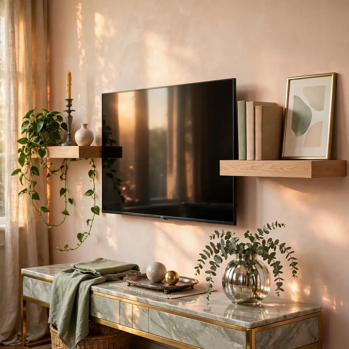 25 Living Room Decor Ideas for a Stylish, Cozy Refresh living room decor ideas: Floating Shelves Framing TV