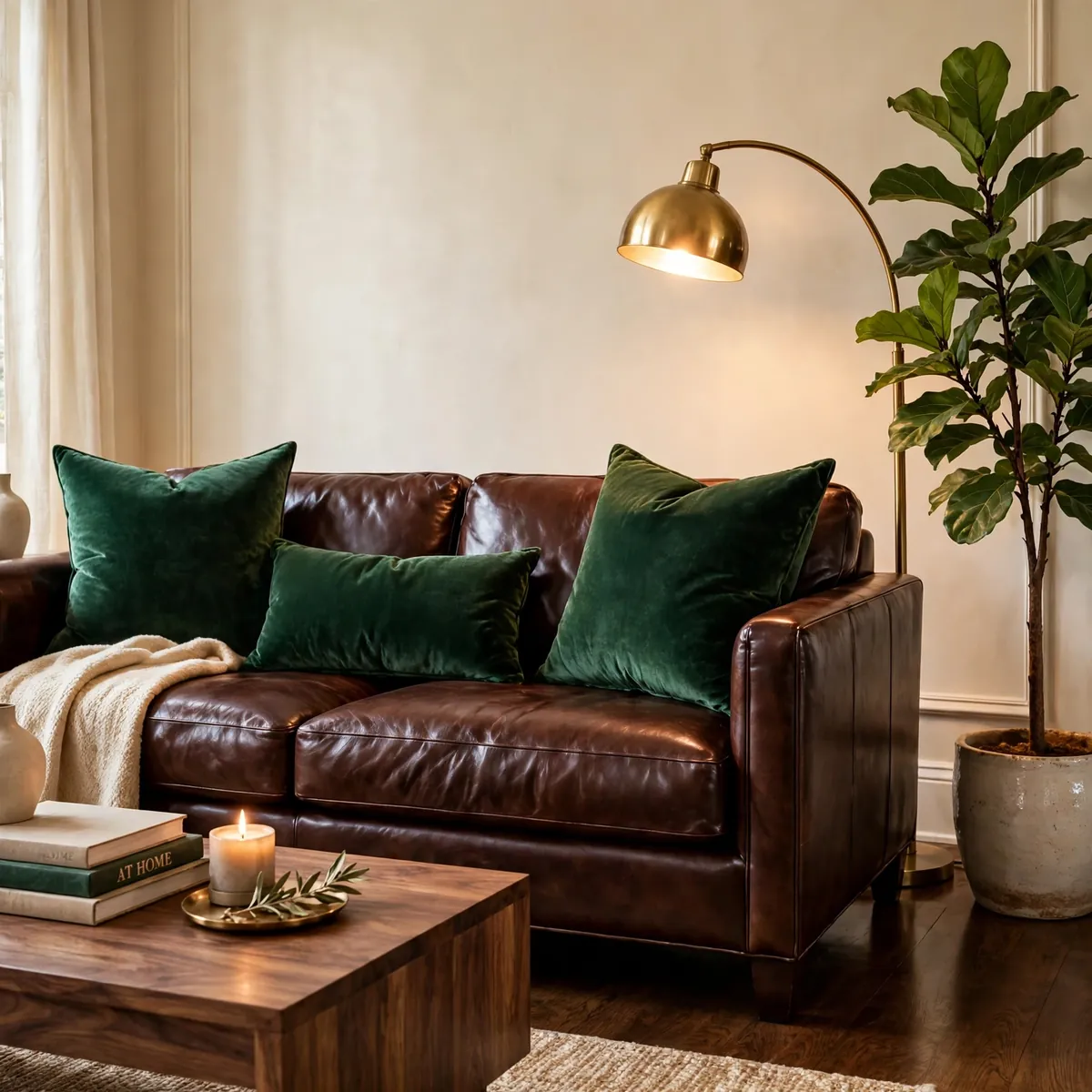 leather couch decor ideas: Add Velvet Cushions in Jewel Tones