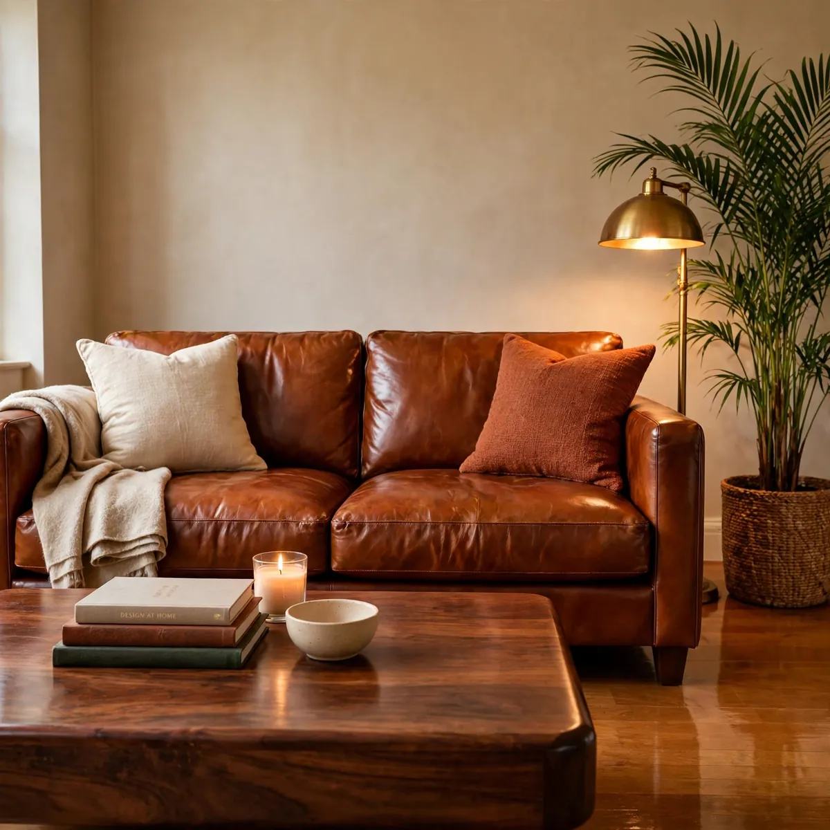 leather couch decor ideas: Pair Leather with a Warm Wood Coffee Table