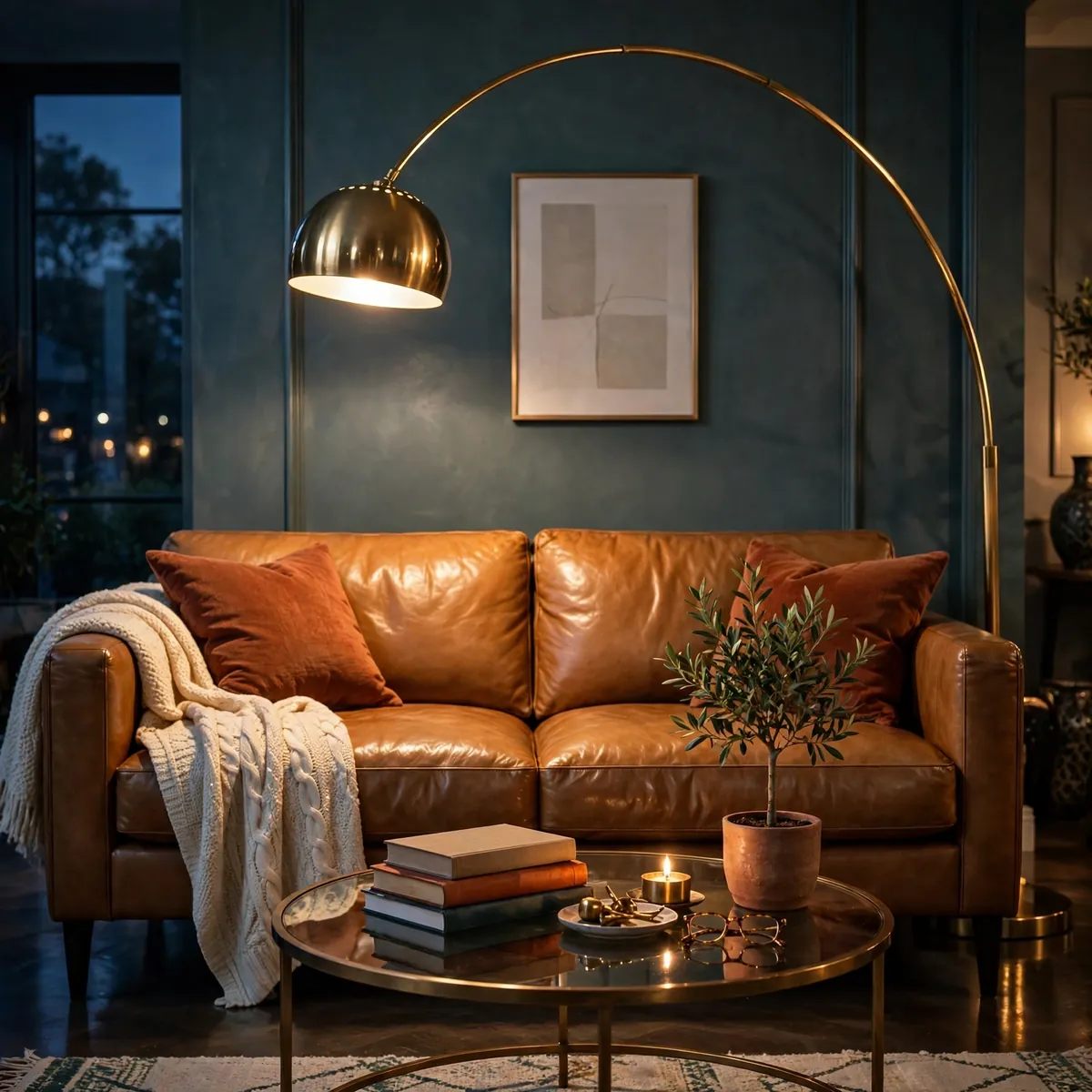 leather couch decor ideas: Warm It with a Brass Arc Floor Lamp