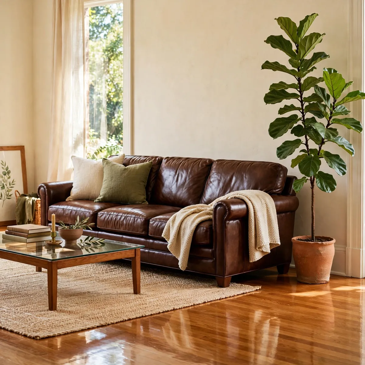leather couch decor ideas: Freshen the Scheme with a Tall Fig Tree