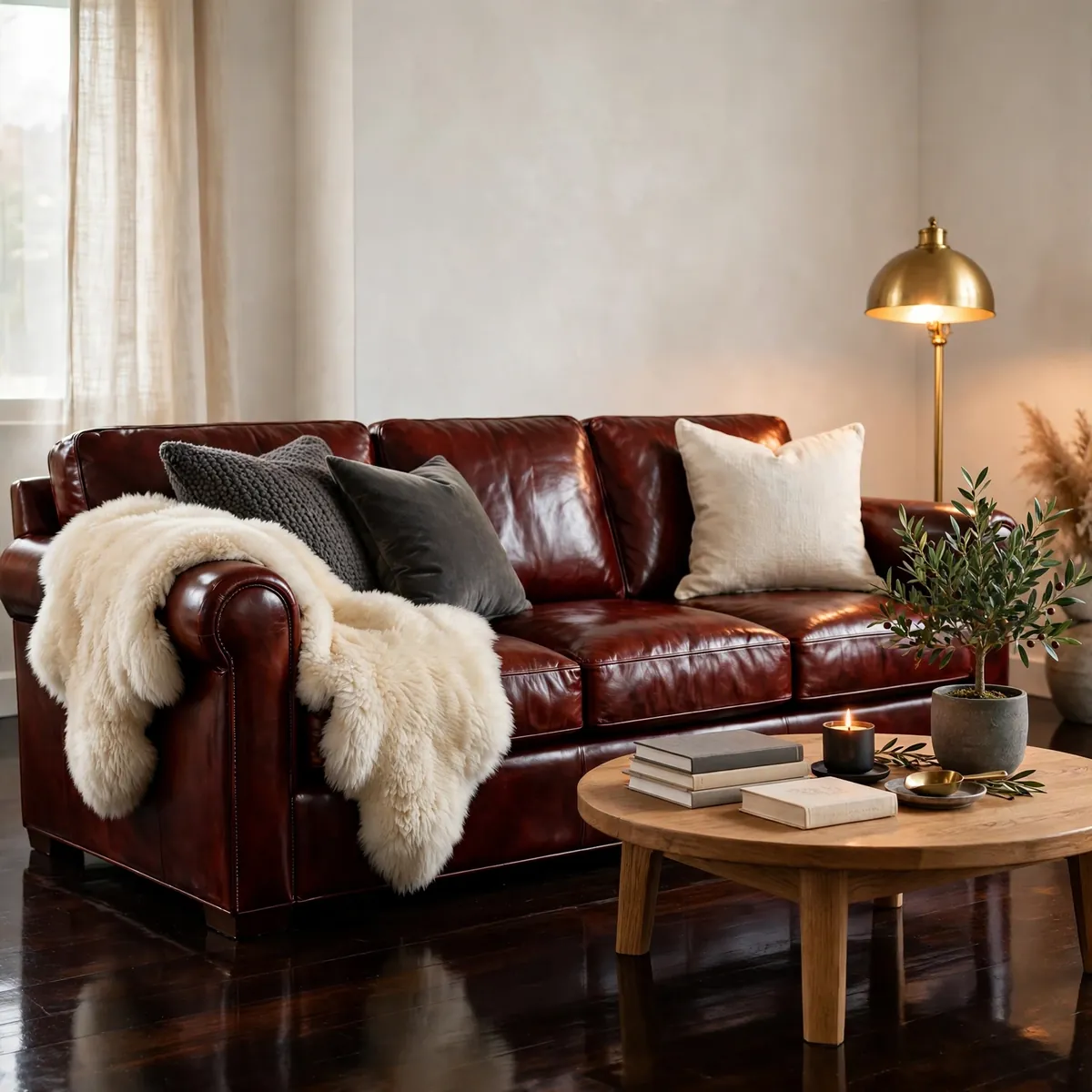 leather couch decor ideas: Soften One Arm with a Sheepskin Throw