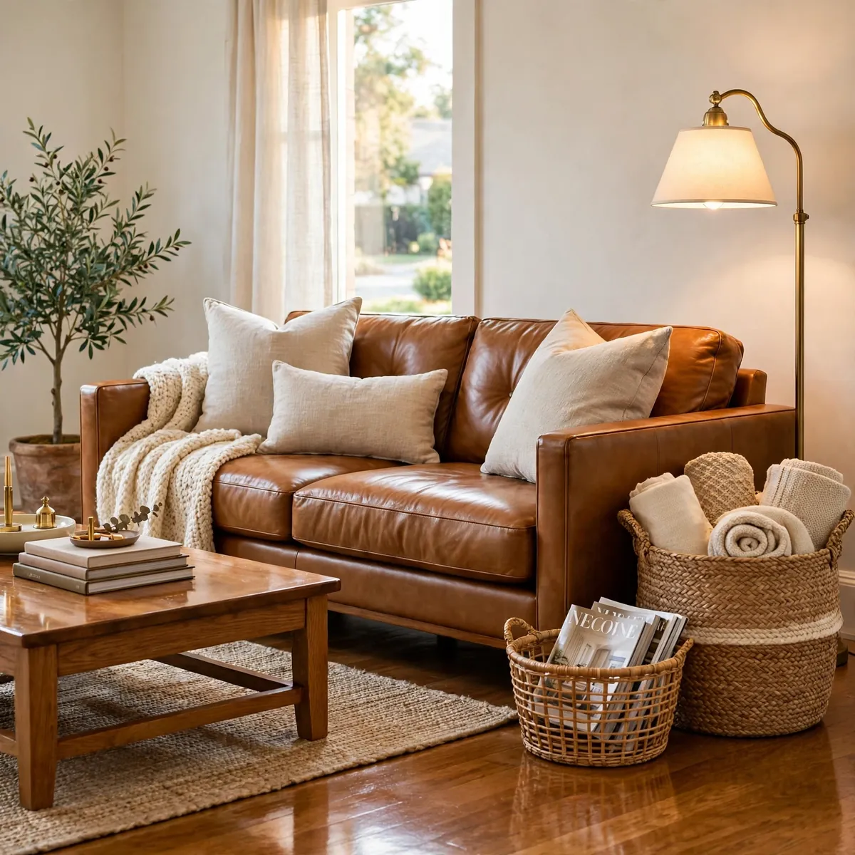 leather couch decor ideas: Tuck Woven Baskets Beside the Sofa