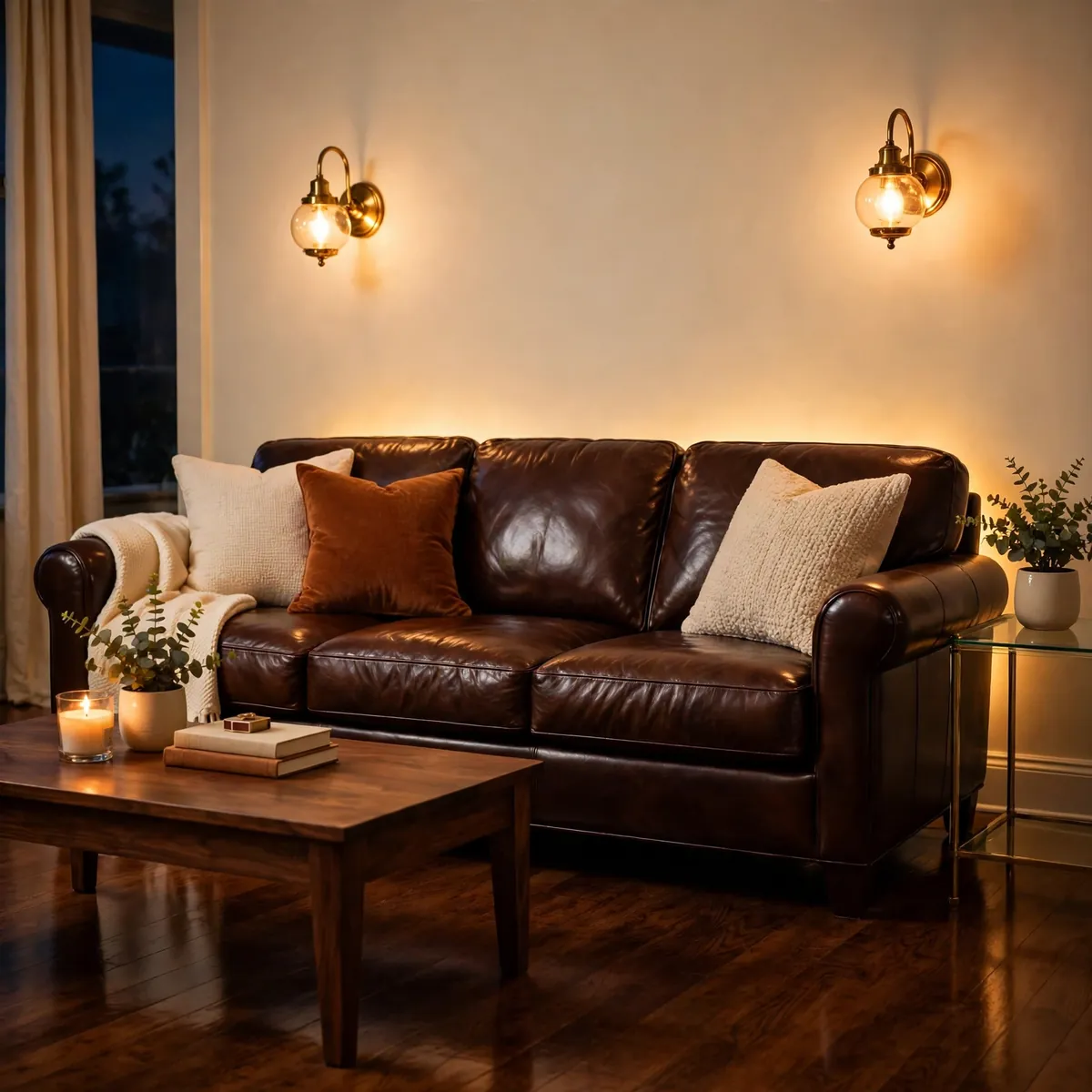 leather couch decor ideas: Frame the Sofa with Matching Wall Sconces