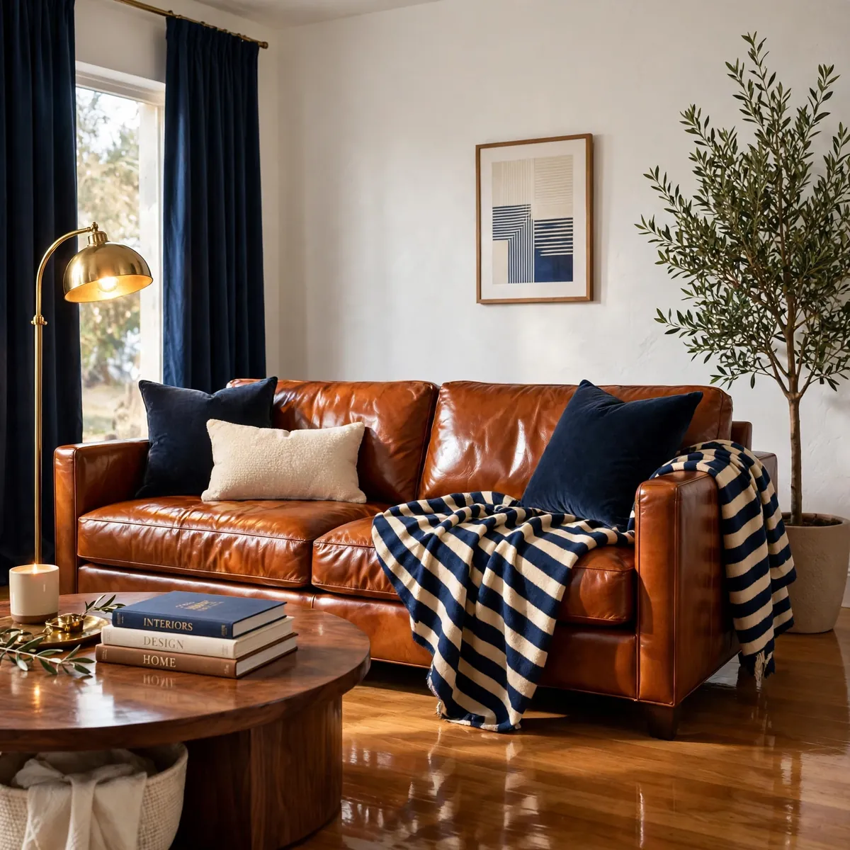 leather couch decor ideas: Try the Cognac-and-Navy Combination