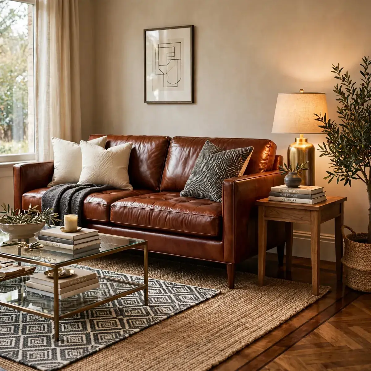 leather couch decor ideas: Layer Two Rugs for Depth