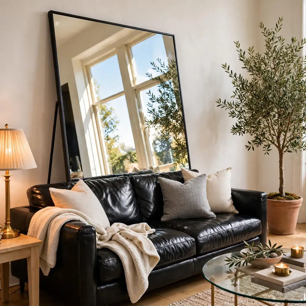 leather couch decor ideas: Lean a Large Mirror Behind the Sofa