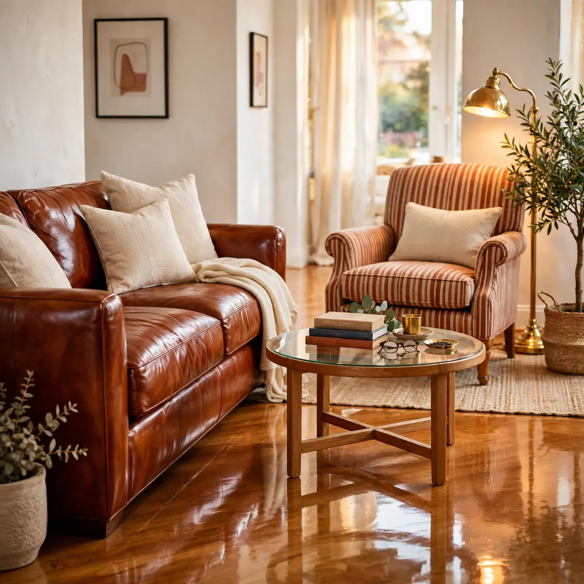 leather couch decor ideas: Contrast with a Patterned Fabric Armchair